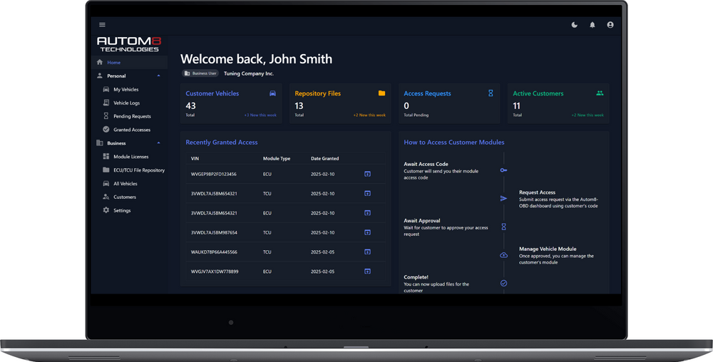 AUTOM8-OBD Dashboard showing customer list, vehicle management, and tune file uploads